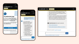 3 mobile phone screens displaying GOV.UK Chat. A user has asked ‘Can I claim capital allowances for a house?’ and GOV.UK Chat has provided an answer, plus 2 links to check it on GOV.UK.