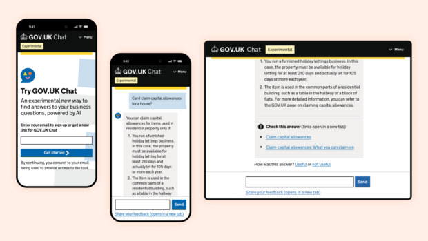 3 mobile phone screens displaying GOV.UK Chat. A user has asked ‘Can I claim capital allowances for a house?’ and GOV.UK Chat has provided an answer, plus 2 links to check it on GOV.UK.