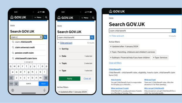 2 mobile phone screens, and a desktop screen. A user searching for ‘claim child benefit’ is shown autocomplete suggestions and filtered search results.