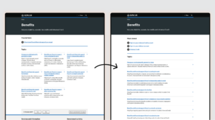 The old and new topic page layout, side by side. The grid design is on the left and the list design is on the right.