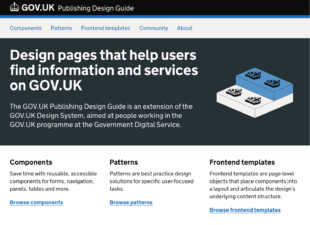 Screenshot of the GOV.UK Publishing Design Guide homepage, featuring a crown logo, navigation links, a description of the design guide, and guidance section.