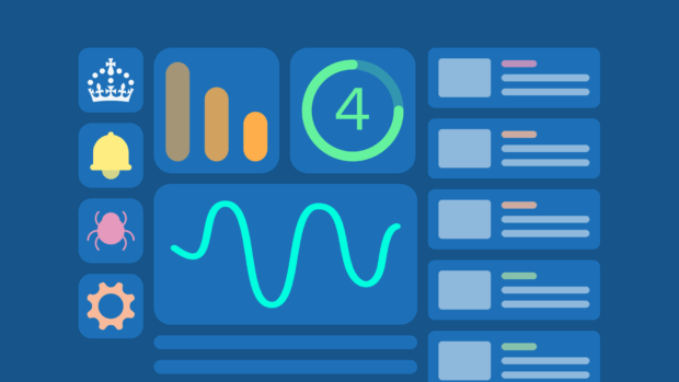 Dark blue dashboard with sidebar icons (crown, bell, bug, gear), bar charts, a circular progress indicator labelled '4', a waveform graph, and coloured notification panels indicating status.