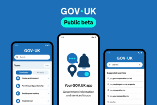 Graphic showing 3 mobile phone screens with GOV.UK app on them. Title "GOV.UK Public beta"