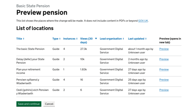 A step in the preview journey in Content Block Manager. A table called "List of locations", for the content block Basic State Pension, shows page title, type, instances, views, lead organisation, last updated and preview.