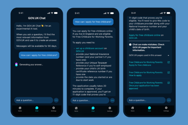 3 mobile phone screens displaying GOV.UK Chat. A user has asked "How can I apply for free childcare?" and GOV.UK Chat has provided an answer that links to GOV.UK to check it.