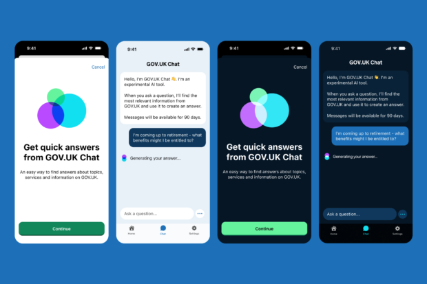 A phone screen in light and dark mode showing the GOV.UK Chat conversation interface.
