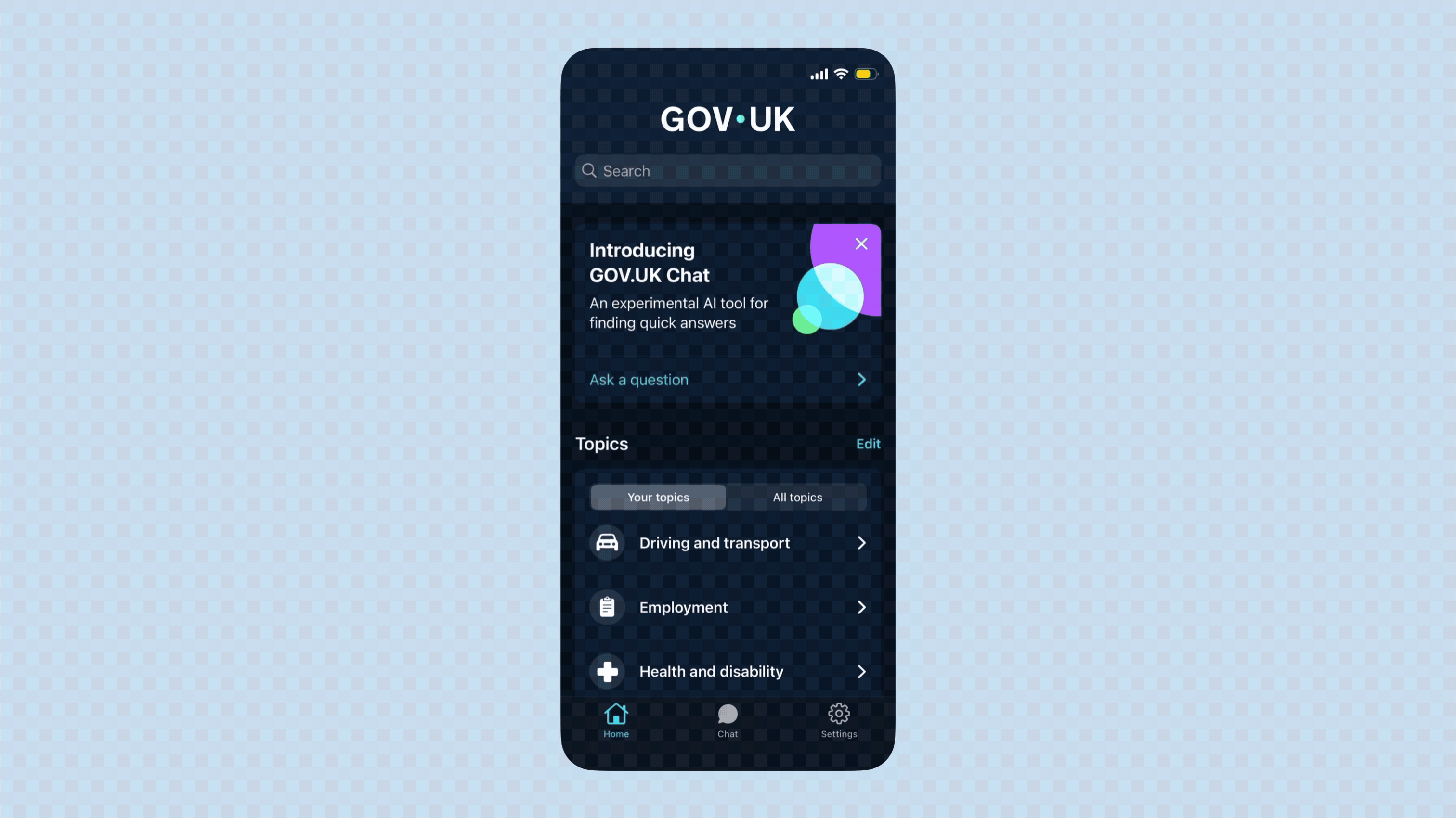 An image of the Chat home banner and onboarding screens in dark mode.